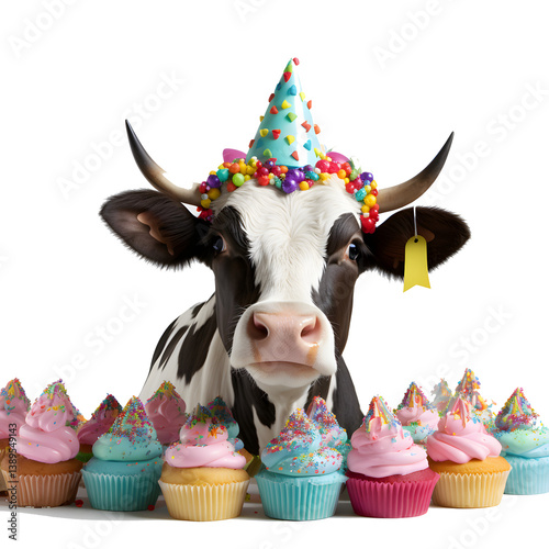 Party Cow Celebrating with Cupcakes Farm Setting Fun Photo Colorful Environment Close-Up View Whimsical Concept