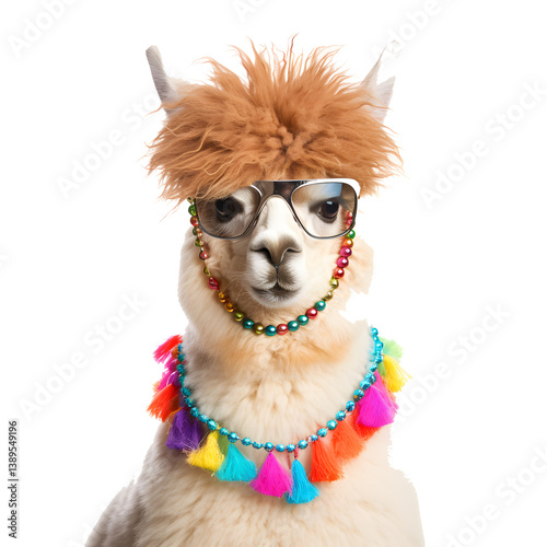 Playful Alpaca Fashion Show Studio Animal Portrait Fun Close-up Quirky Style