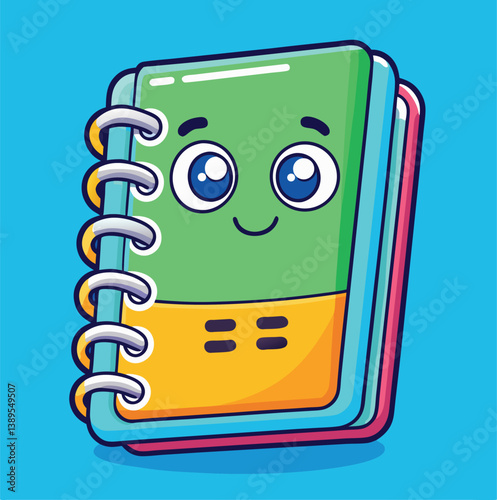 Cute Cartoon Notebook Illustration With Smiling Face And Binder Rings Design