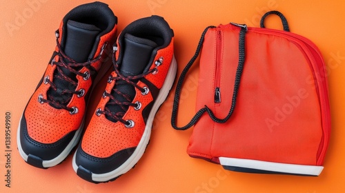 Bright orange hiking boots and backpack on a colorful, vibrant studio background for travel and adventure