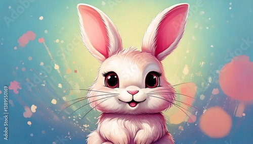A kawaii white rabbit on a colorful background with pastel and watercolor splashes, cheerful big-eyed smiling in the scene