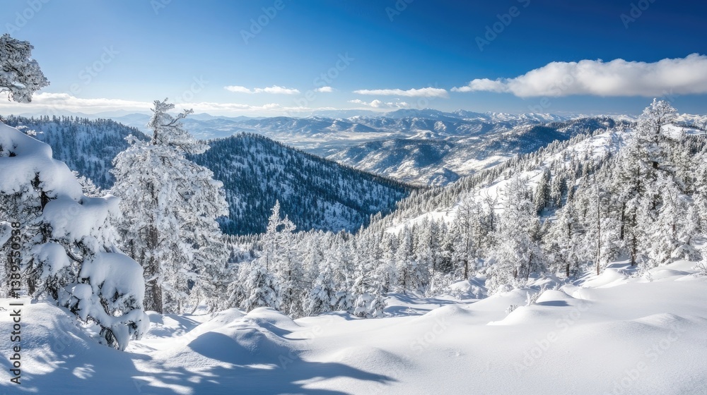 Snowy mountains in winter with surrounding forest landscape Snowy mountains in winter with surrounding forest landscape