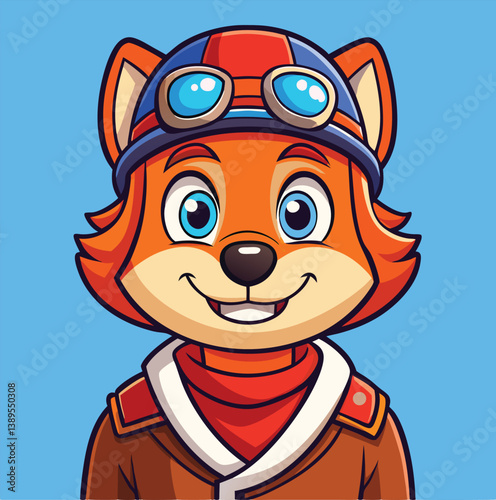 Cartoon Fox Character Portrait Wearing Aviator Helmet And Jacket Against Blue Background