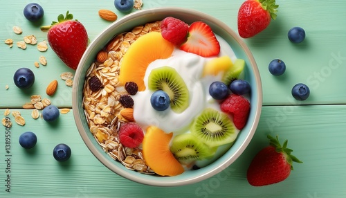 Healthy breakfast. Muesli in aceramic bowl with fresh fruits on wooden table. Generated image