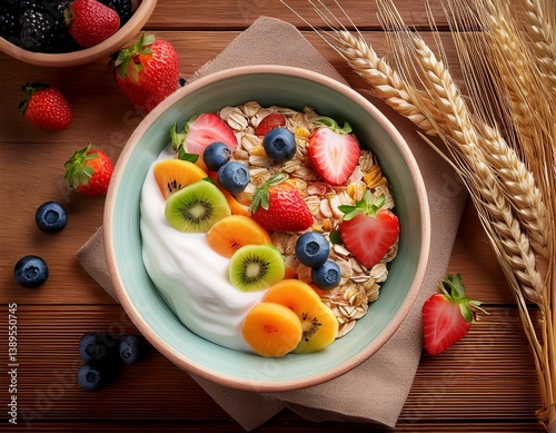 Healthy breakfast. Muesli in aceramic bowl with fresh fruits on wooden table. Generated image