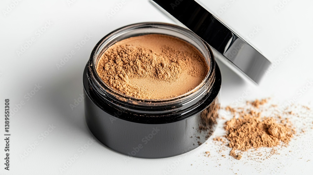 Loose face powder with black container and open lid Loose face powder with black container and open lid