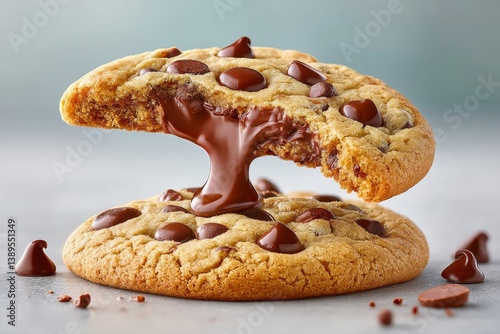 A soft and chewy chocolate chip cookie being pulled apart, revealing melted chocolate inside photo
