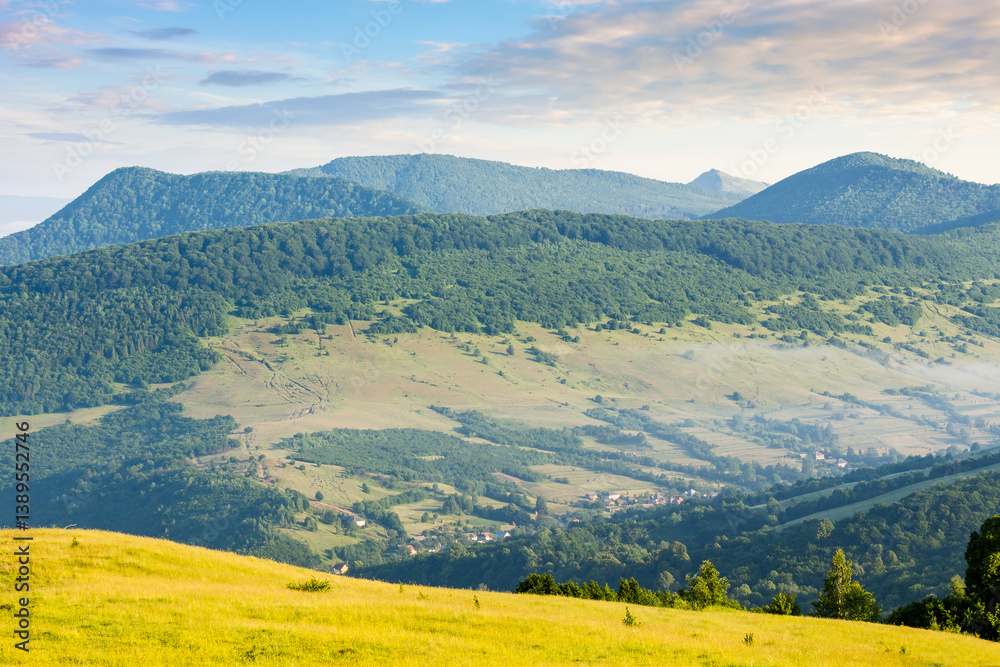 mountainous countryside of ukraine in summer. grassy pasture on the rolling hill in morning light. scenic rural landscape of transcarpathia. alpine farmland
