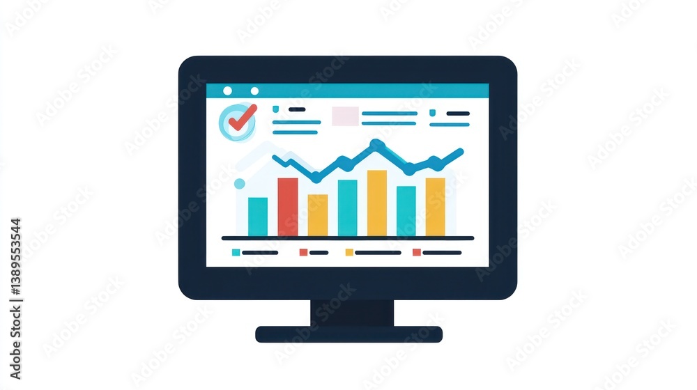 Computer screen displaying data graphs and positive indicators. Business dashboard. Possible use Stock photo for presentations or reports