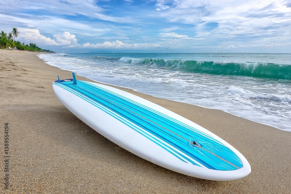 A surfboard resting in the sand near rolling waves, waiting for the next ride A surfboard resting in the sand near rolling waves, waiting for the next ride