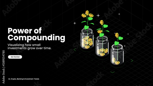 Power of Compounding – Financial Growth Concept with Money Plants and Investment Jars – Business and Wealth Illustration