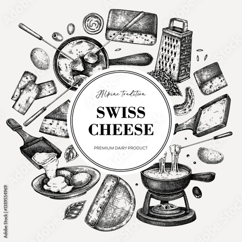 Swiss cheese hand drawn vector illustration. Vintage food label design. Fondue and raclette sketches. Perfect for restaurant menu, packaging, or prints. NOT AI generated