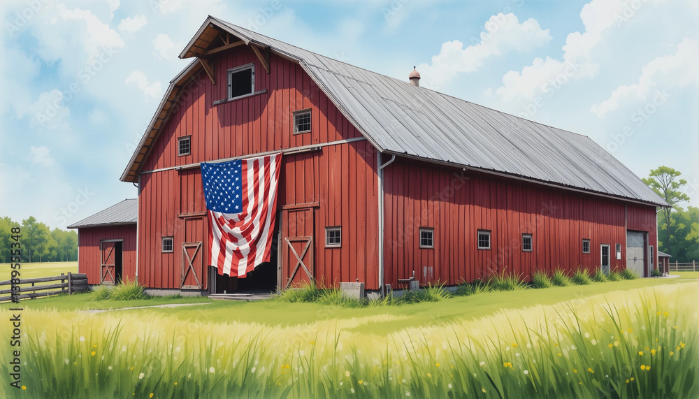 Red barn with an American flag hanging in front, surrounded by greenery Red barn with an American flag hanging in front, surrounded by greenery