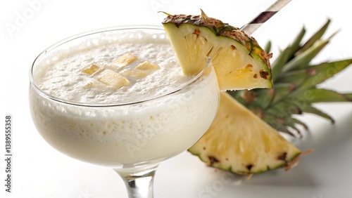 A creamy piña colada cocktail is displayed with fresh pineapple slices on a white surface.