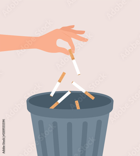 Hand throwing cigarettes into the trash can. Flat vector illustration
