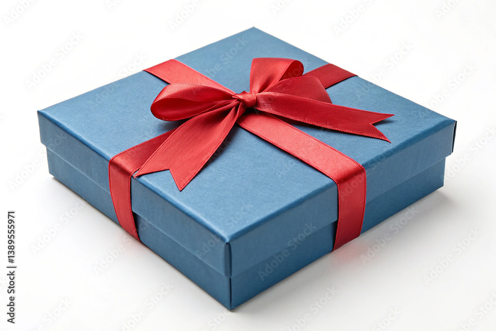 Fototapeta premium Blue Gift Box with Vibrant Red Ribbon, Holiday or Birthday Theme, Isolated on White Background