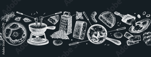 Swiss cheese borded design. Vintage food seamless background. Fondue and raclette sketches. Hand drawn vector illustration. NOT AI generated