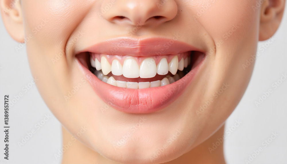 Fototapeta premium Smiling woman showing bright teeth against plain background 