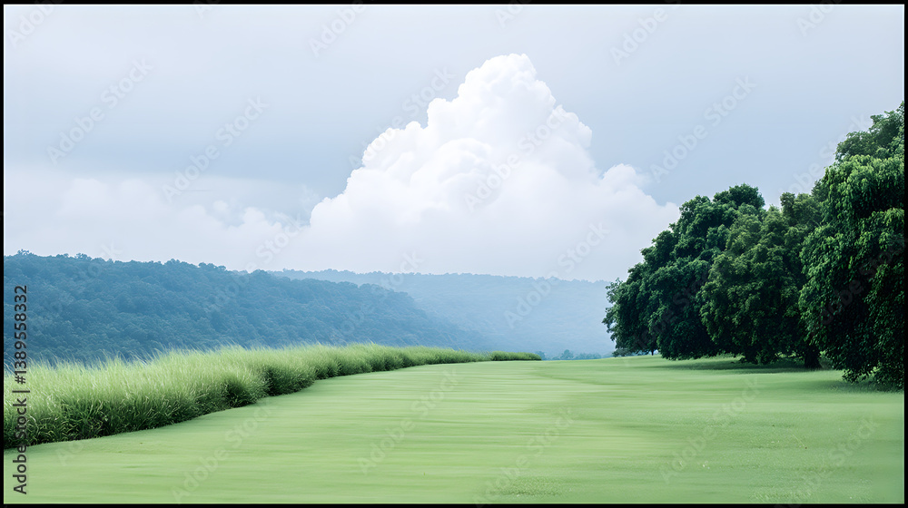 A vibrant illustration of a vast countryside field, with rolling hills, green grass, and a clear blue sky, evoking a sense of peace and natural beauty.