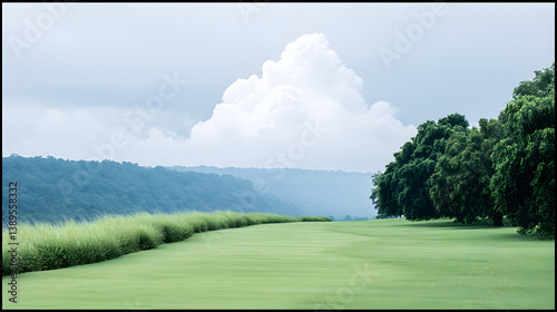 Obraz na płótnie A vibrant illustration of a vast countryside field, with rolling hills, green grass, and a clear blue sky, evoking a sense of peace and natural beauty.
w salonie