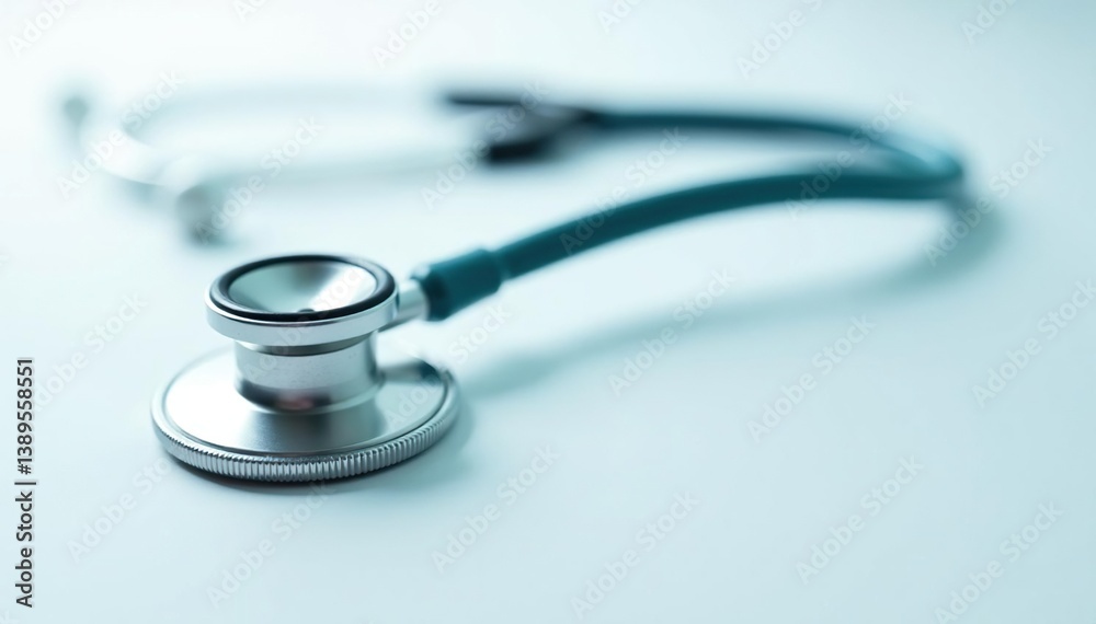 A single stethoscope lying on a white surface, veterinary setting implied , background, checkup, sterile A single stethoscope lying on a white surface, veterinary setting implied , background, checkup, sterile