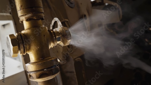 A close-up image of a gas valve showing a leak of invisible vapor, captured in dim light with a warm tone, highlighting crucial details for safety and maintenance.