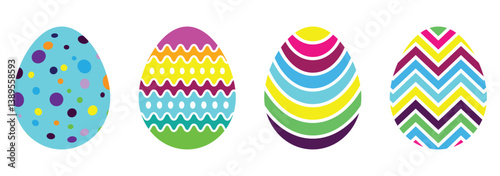 Easter eggs design isolated on white background. Easter eggs drawing clipart set. Happy easter egg flat clip art collection in colorful and multicolored paint. Vector illustration editable strokes.