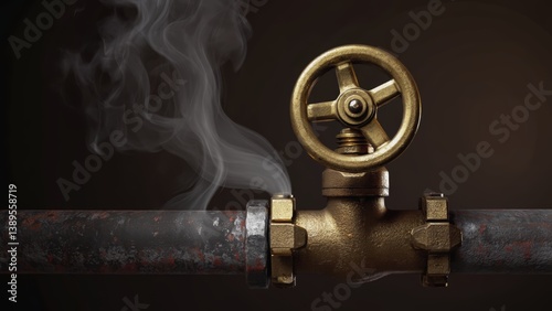 A striking close-up of a gas valve showing a leak that releases an invisible vapor in a dimly lit environment. The vivid warm tones enhance the industrial aesthetic, focusing on the intricate details.