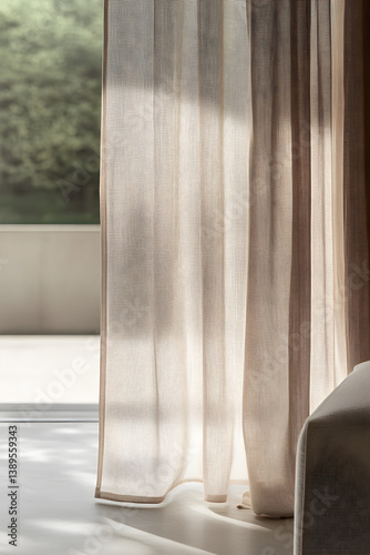 Golden sunlight filters through a delicate, draped curtain creating an ethereal ambiance