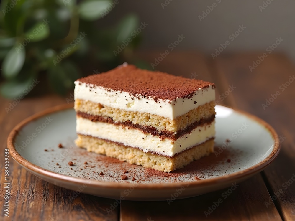 Classic Tiramisu Slice on Ceramic Plate: A classic rectangular slice of tiramisu served on a rustic ceramic plate, with a softly blurred wooden table background. Classic Tiramisu Slice on Ceramic Plate: A classic rectangular slice of tiramisu served on a rustic ceramic plate, with a softly blurred wooden table background.