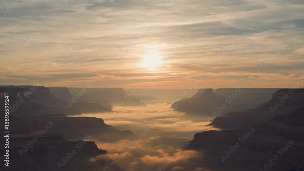 Fototapeta premium A tranquil landscape featuring smog gently creeping over hills at dusk, with a dim sun casting warm, high-contrast light over the serene scenery.