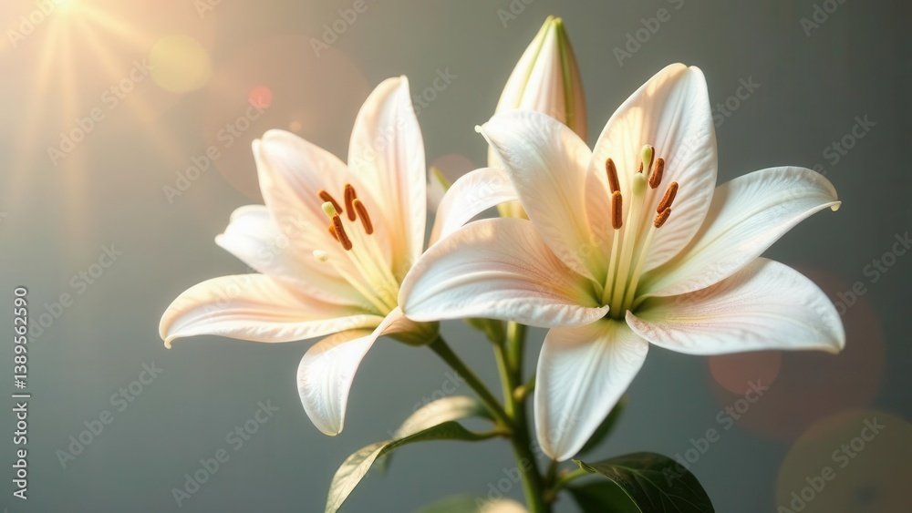 Fototapeta premium Delicate white lilies bathed in warm sunlight, a symbol of purity and peace, gently swaying in a soft breeze.