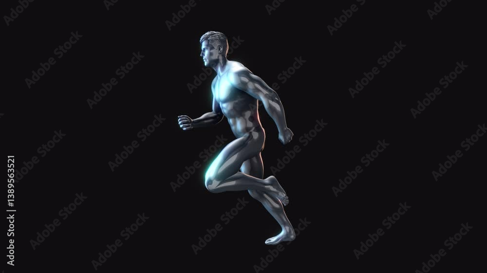 A looping animation of a male 3D character running, rendered in a reflective chrome style with an embedded alpha for easy drag and drop. A looping animation of a male 3D character running, rendered in a reflective chrome style with an embedded alpha for easy drag and drop.