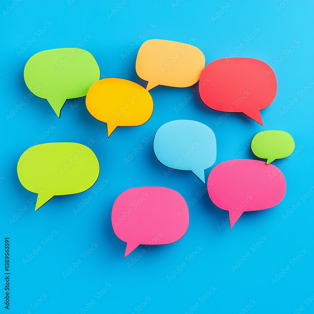several speech bubbles in different colors on a blue background. icons and remarks. Free space for text or image. Concept of online communication or communications