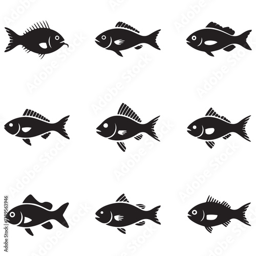 Set of Vector Black silhouette flock of fish. Element for your design. Logo template. with white background