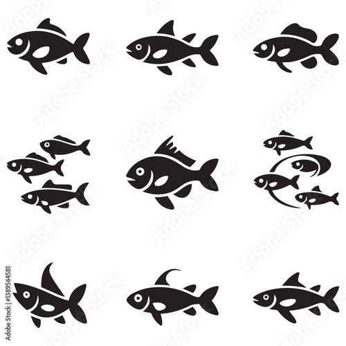 Set of Vector Black silhouette flock of fish. Element for your design. Logo template. with white background
