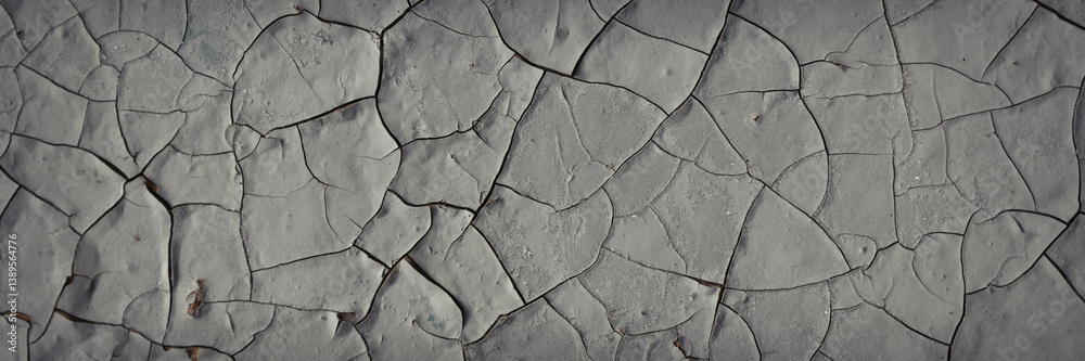 Peeling paint on the wall. Panorama of a concrete wall with old cracked flaking paint. Weathered rough painted surface with patterns of cracks and peeling. Wide panoramic grungy texture for background