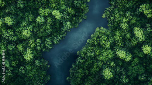 Fototapeta Naklejka Na Ścianę i Meble -  Aerial view of a river flowing through a lush green forest.