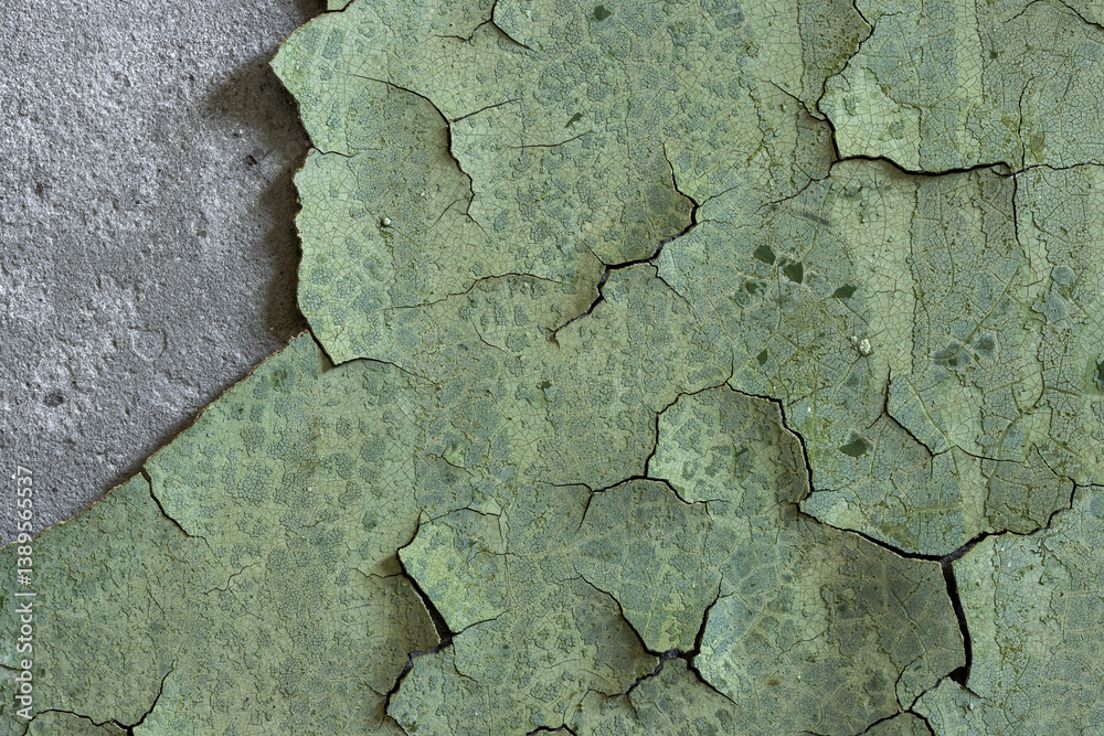 Green peeling paint on the wall. Old concrete wall with cracked flaking paint. Weathered rough painted surface with patterns of cracks and peeling. High resolution texture for background and design.