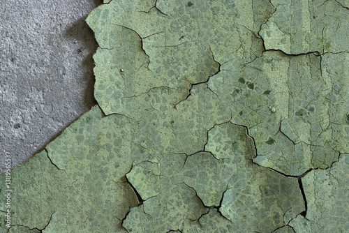Obraz na płótnie Green peeling paint on the wall. Old concrete wall with cracked flaking paint. Weathered rough painted surface with patterns of cracks and peeling. High resolution texture for background and design. w salonie