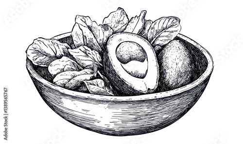 Hand Drawn Avocado Salad Bowl Engraving Style Vector Illustration
