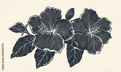 Vintage Woodcut Engraved Hibiscus Flowers in Minimalist Vector Style Illustration