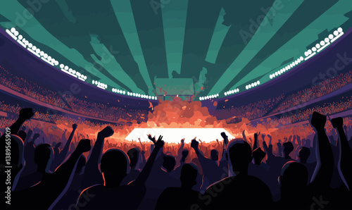 Vibrant Sports Stadium with Cheering Fans Under Stadium Lights Vector Illustration