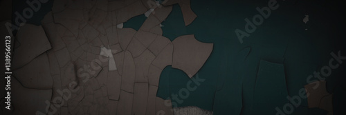 Obraz na płótnie Dark wide panoramic background. Peeling paint on a concrete wall. Dark grunge texture of old cracked flaking paint. Weathered rough painted surface. Patterns of cracks. Darkness background for design. w salonie