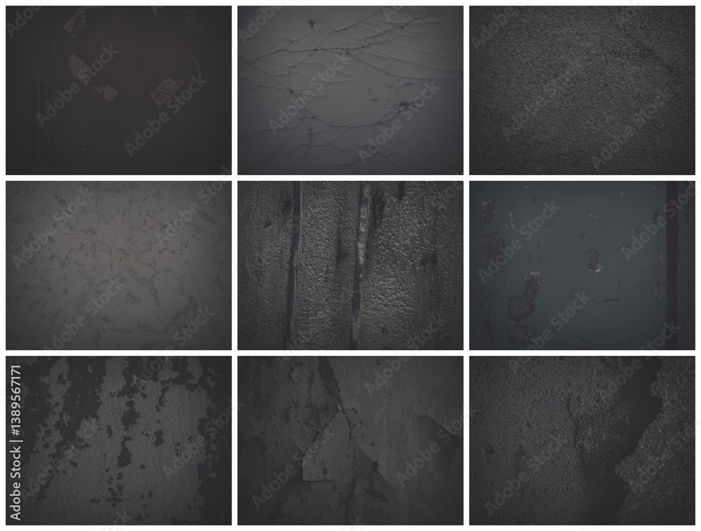 Set of dark background textures. Collection of textures with peeling paint, cracks, rust, scratches, stains, noise and grain. Faded dark rough surfaces of old walls. Bundle of backgrounds for design.