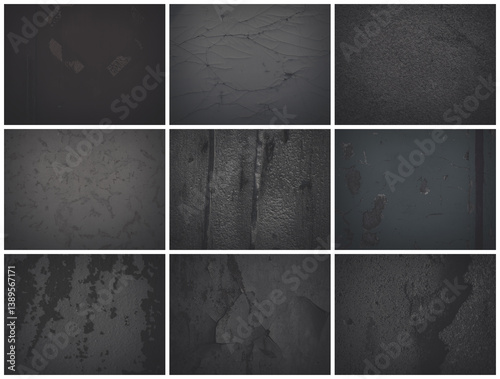 Obraz na płótnie Set of dark background textures. Collection of textures with peeling paint, cracks, rust, scratches, stains, noise and grain. Faded dark rough surfaces of old walls. Bundle of backgrounds for design. w salonie