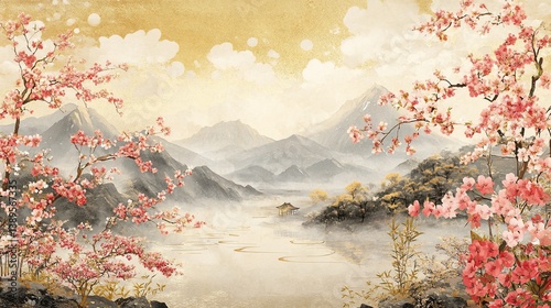 Serene landscape with cherry blossoms, mountains, and a tranquil lake