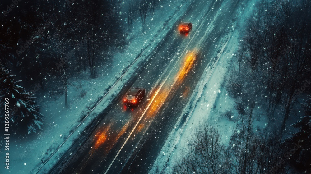 Obraz premium Snowy Night Road Cars driving on a snow-covered road through a forest at night. Winter driving safety