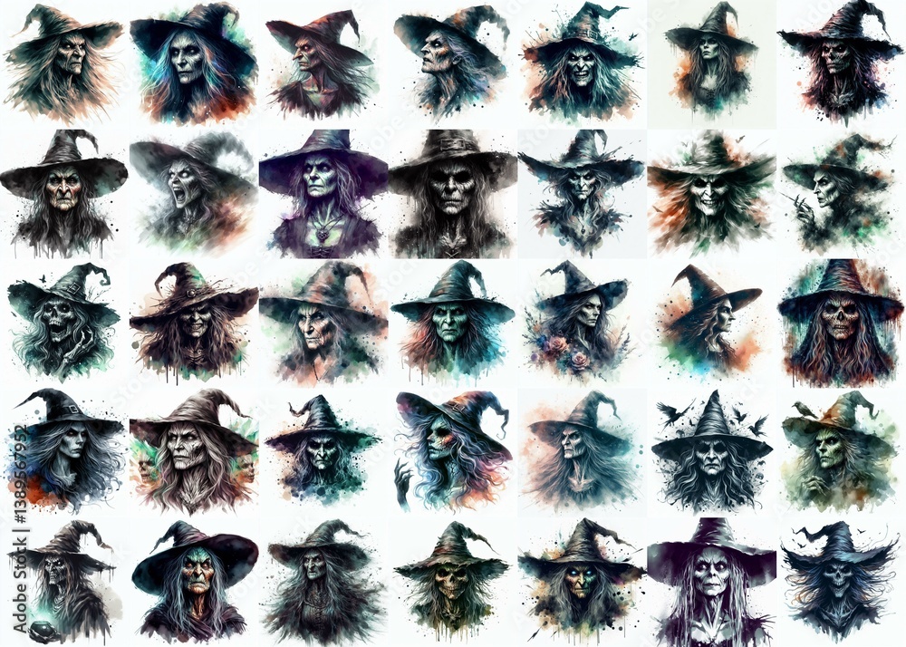 Witch nightmare portrait. Watercolor drawing. AI generated illustration