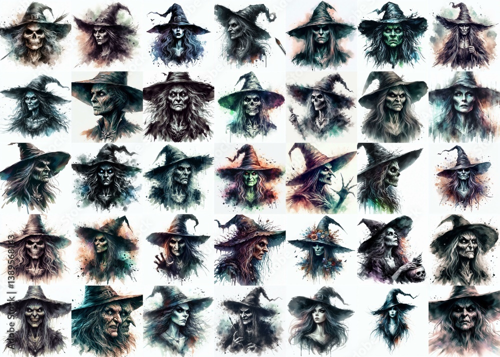 Witch nightmare portrait. Watercolor drawing. AI generated illustration